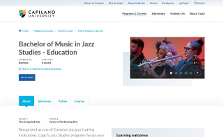 A screenshot of the Jazz Studies program page on capilanou.ca