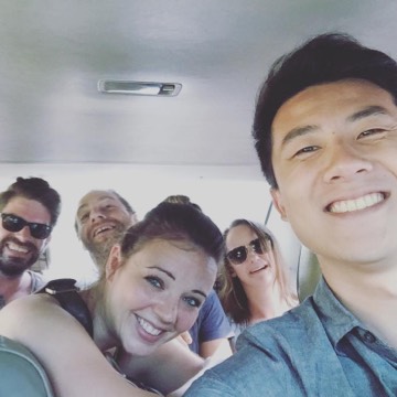 Sam Jiang and four friends crammed in a taxi in Bangkok, 2016