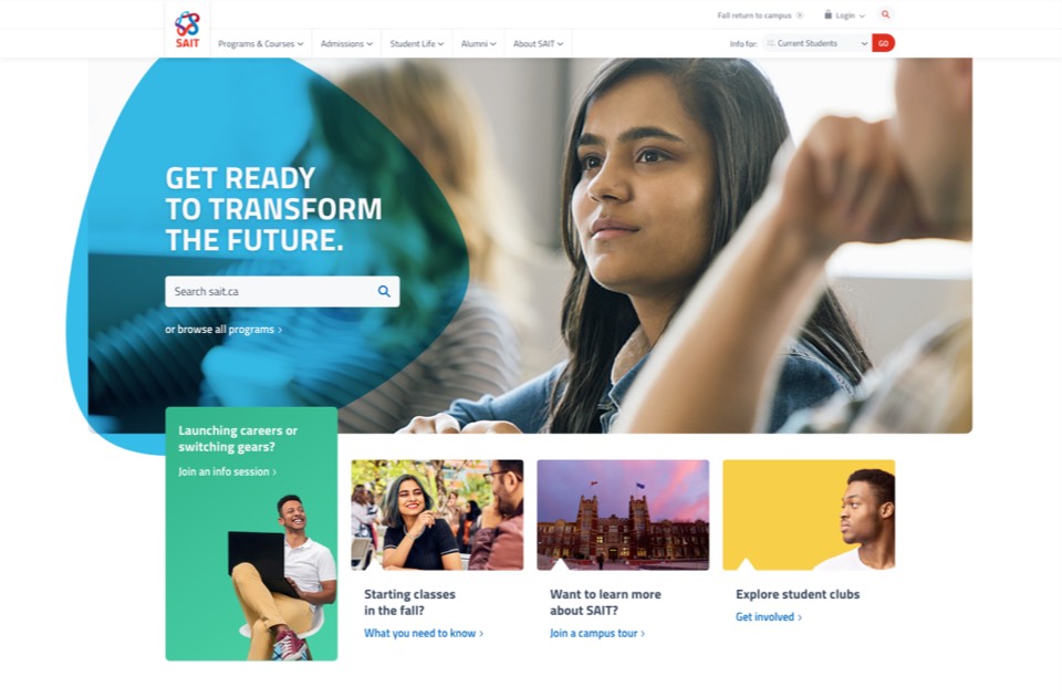 A screenshot of the redesigned SAIT homepage
