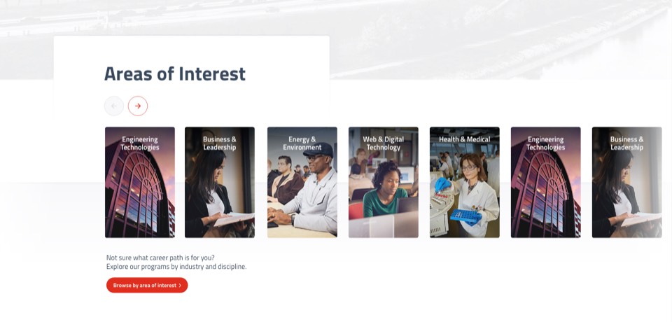 A screenshot of the redesigned SAIT areas on interest slider